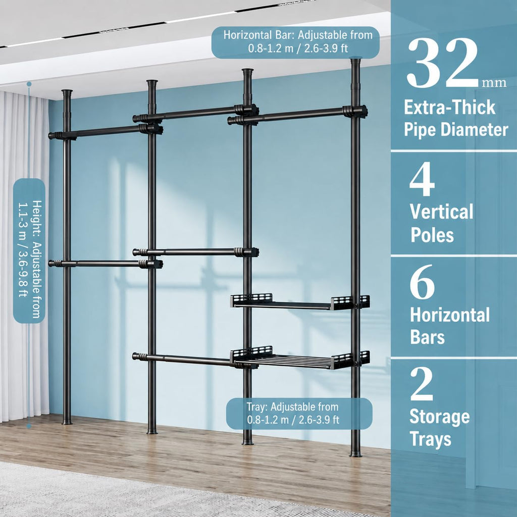 Telescopic Wardrobe Storage Rack, No Drilling Standing Organizer Black