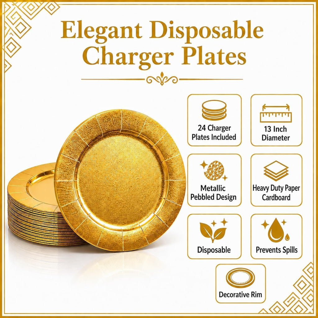 Gold Charger Plates 24 Pack 13 Inch Disposable Round Paper Chargers - Set of 24