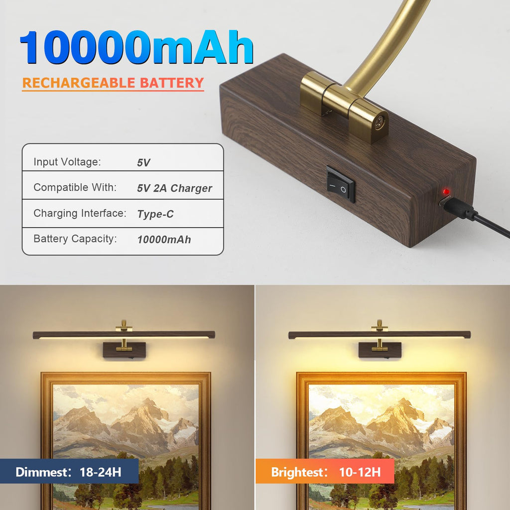 Wireless Picture Light, Wood Grain Finish Rechargeable Art Light