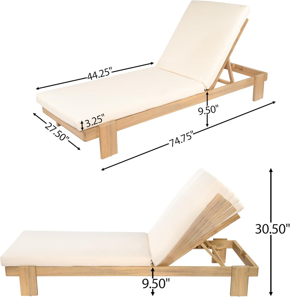 Acacia Wood Chaise Lounge Chair Outdoor, Patio Outdoor Chaise Lounge with Cushions, Adjustable Backrest Single