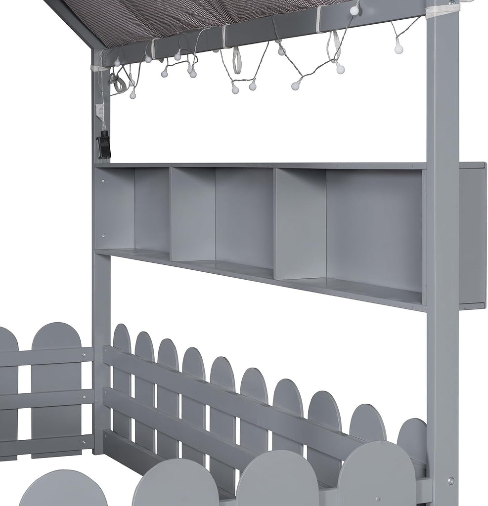 Montessori House Bed for Kids, Floor Bed with Fence Railings, Tent, Lights & 3 Storage Shelves, Slats are not