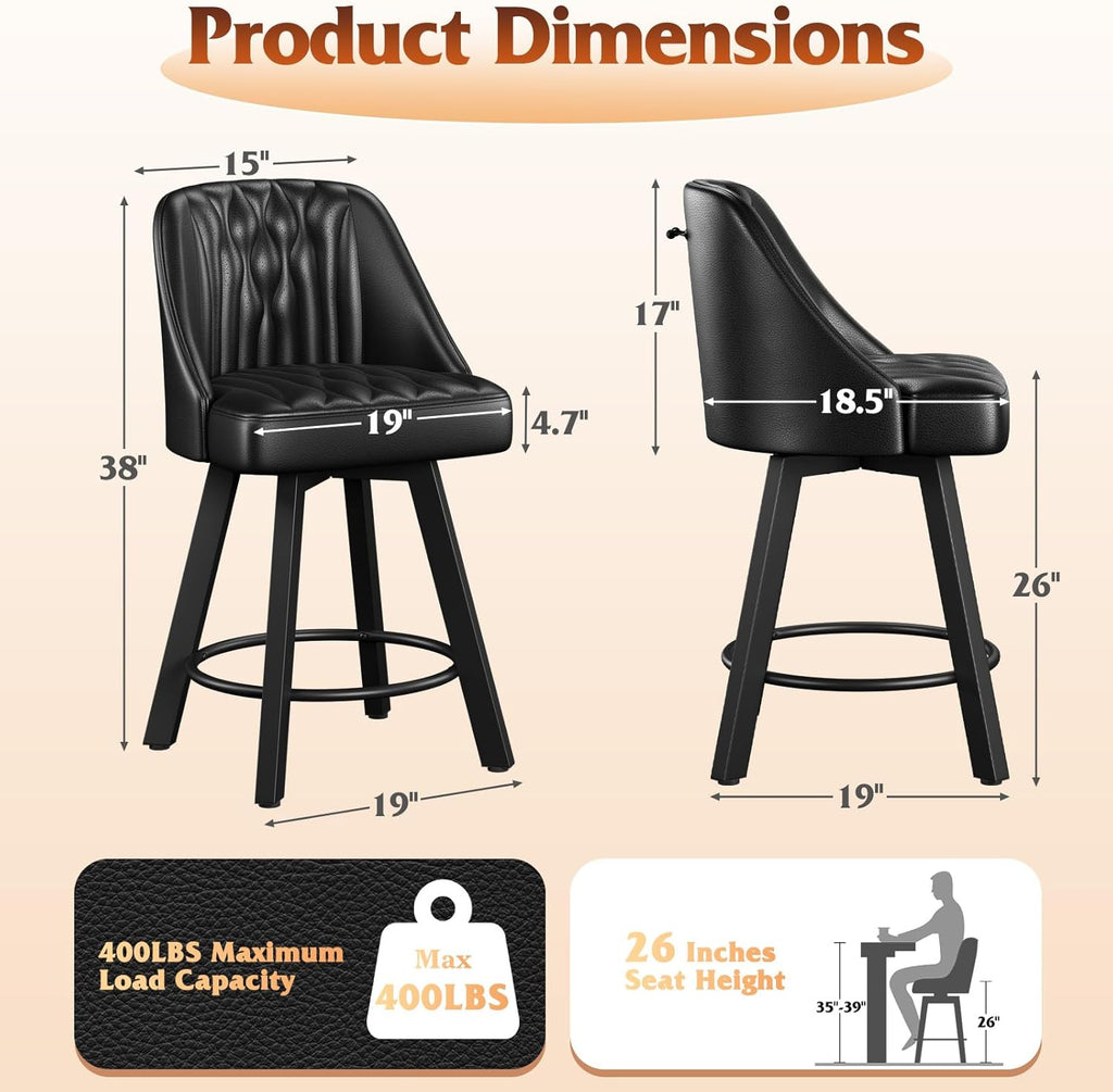 Swivel Bar Stools with Backs, 26 Inches Counter Height Bar Stools Set of 3, PU Leather Upholstered Counter Barstools