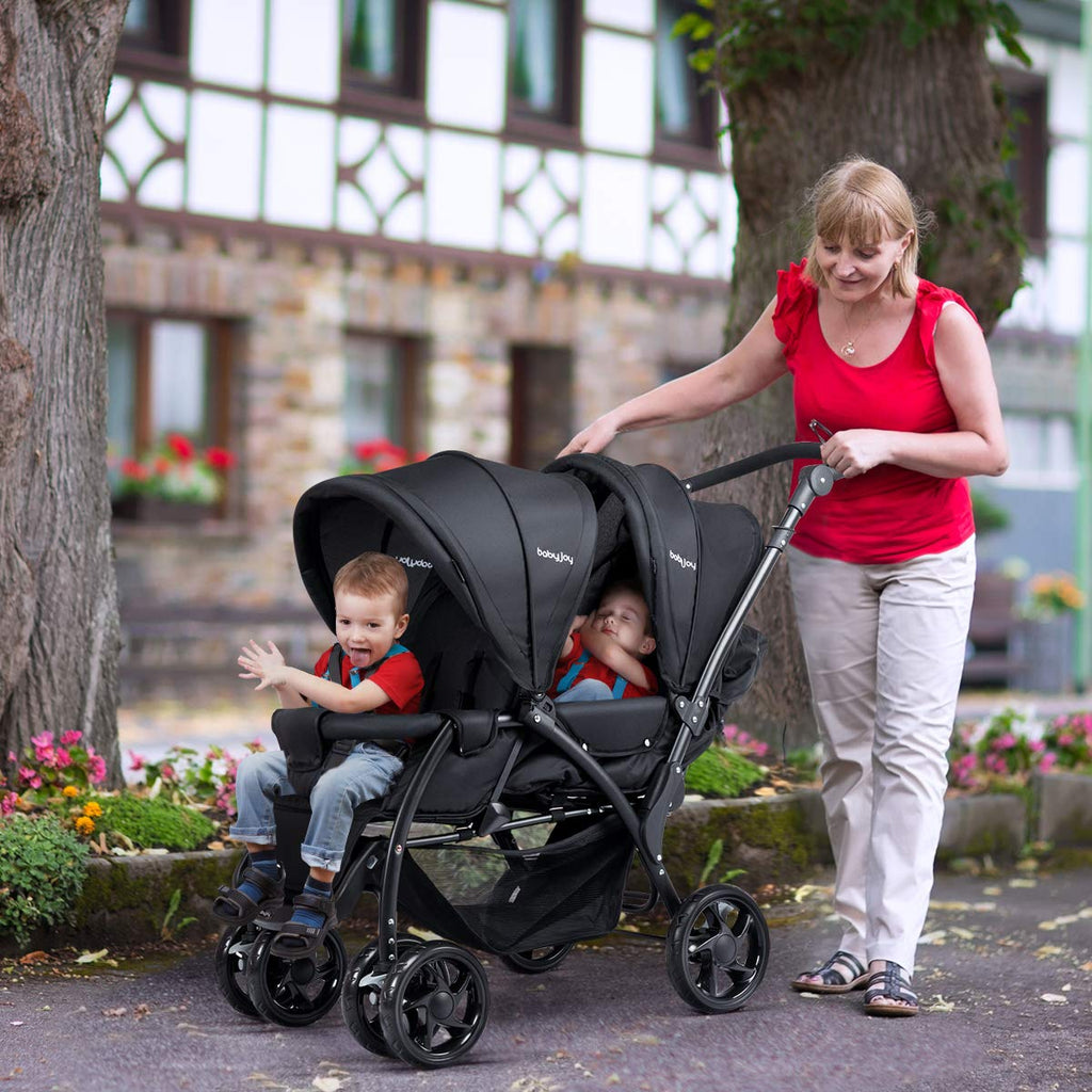 Double Stroller, Foldable Lightweight Twin Stroller with Tandem Seating, Adjustable Backrest/Canopy/Footrest, Point