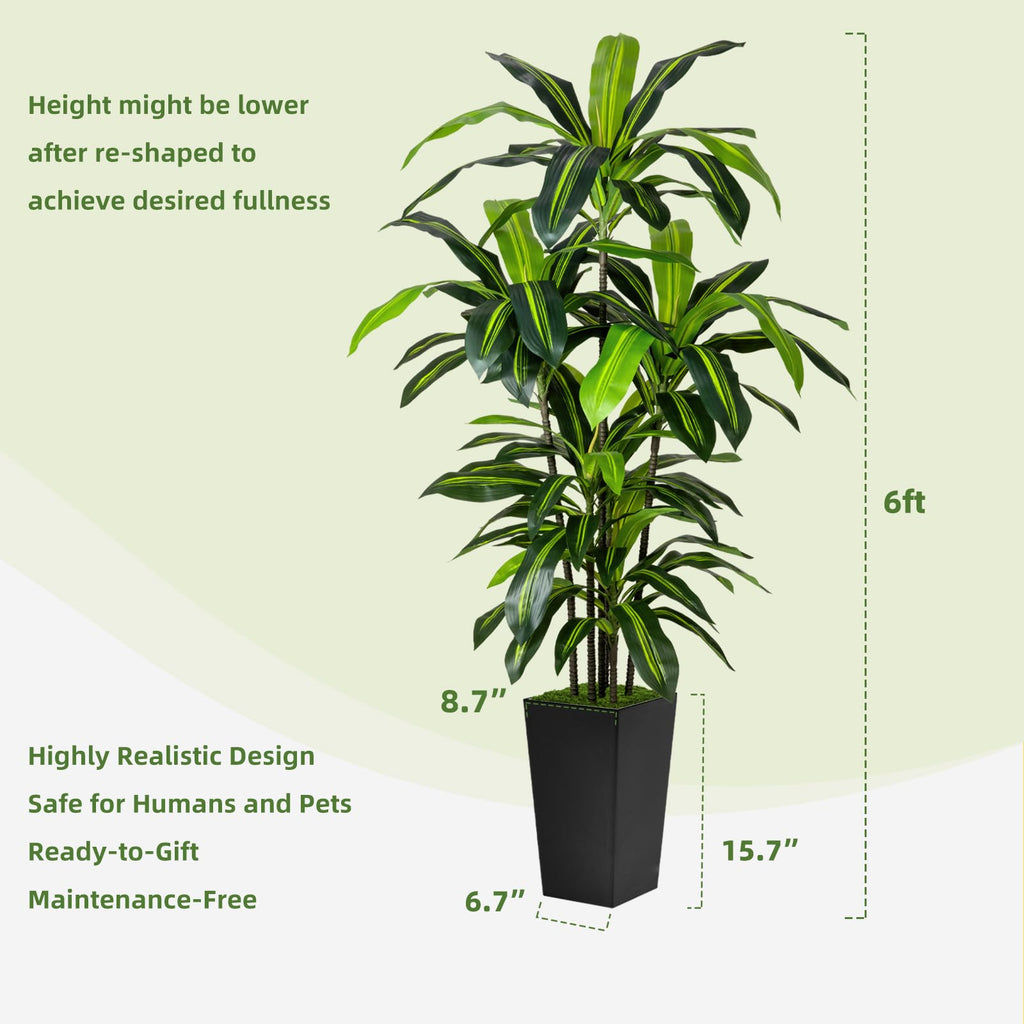 Artificial Plant 6FT Fake Dracaena Tree with Black Tall Planter