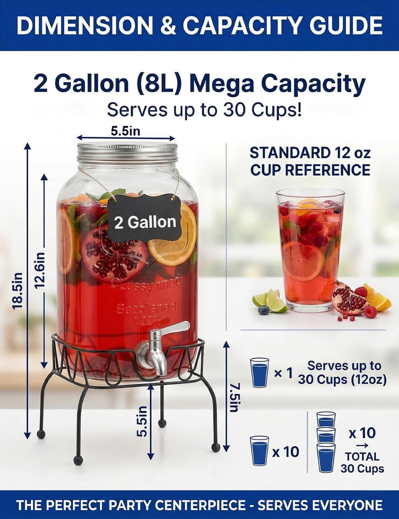 2 Gallon Glass Drink Dispenser with Stand and Lid, Stainless Steel Spigot
