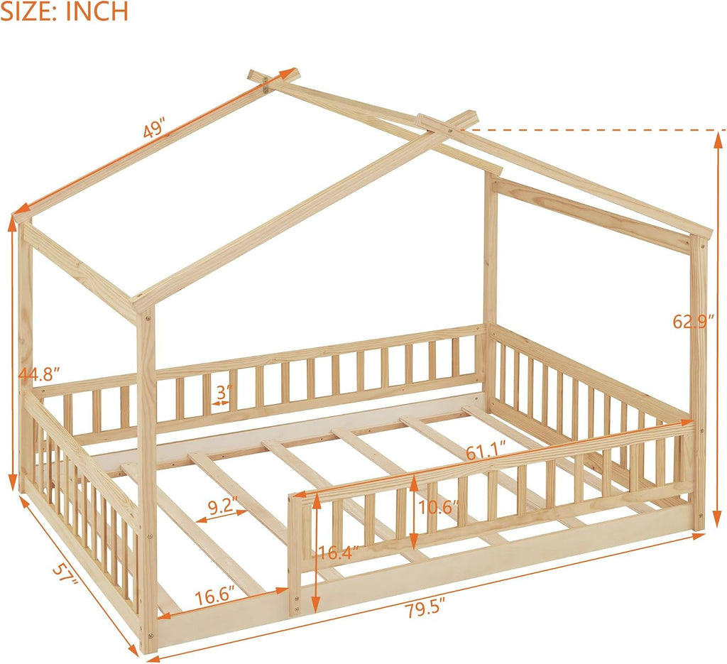 Full Size House Bed Frame, House Beds for Kids, Montessori Floor Bed with Fence, Playhouse for Kids,Full, Natural