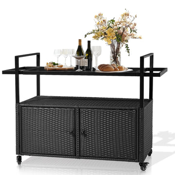 Wicker Outdoor Bar Cart with Storage and Wheels, Outdoor Bar Table Serving Cart Rattan Bar Cart with Glass Top and