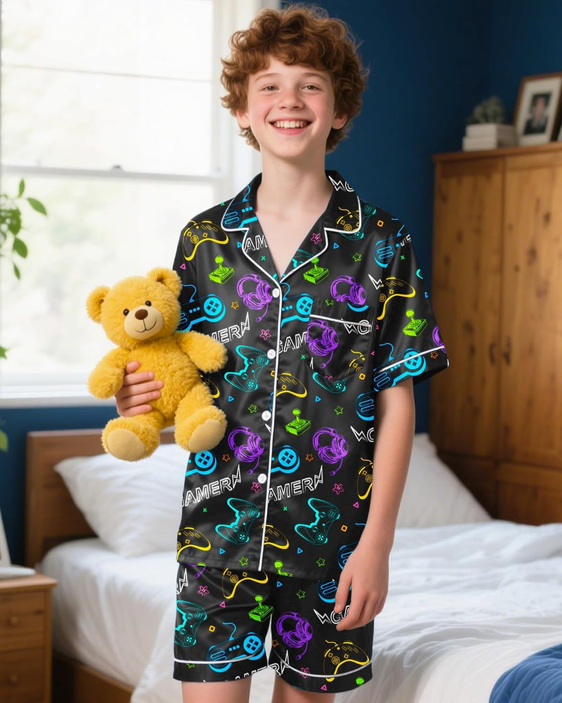 Boys Pajamas Boys Satin Pajamas Set Summer Short Sleeve Button-Down & Shorts Pjs Kids Boy Silky Pajama