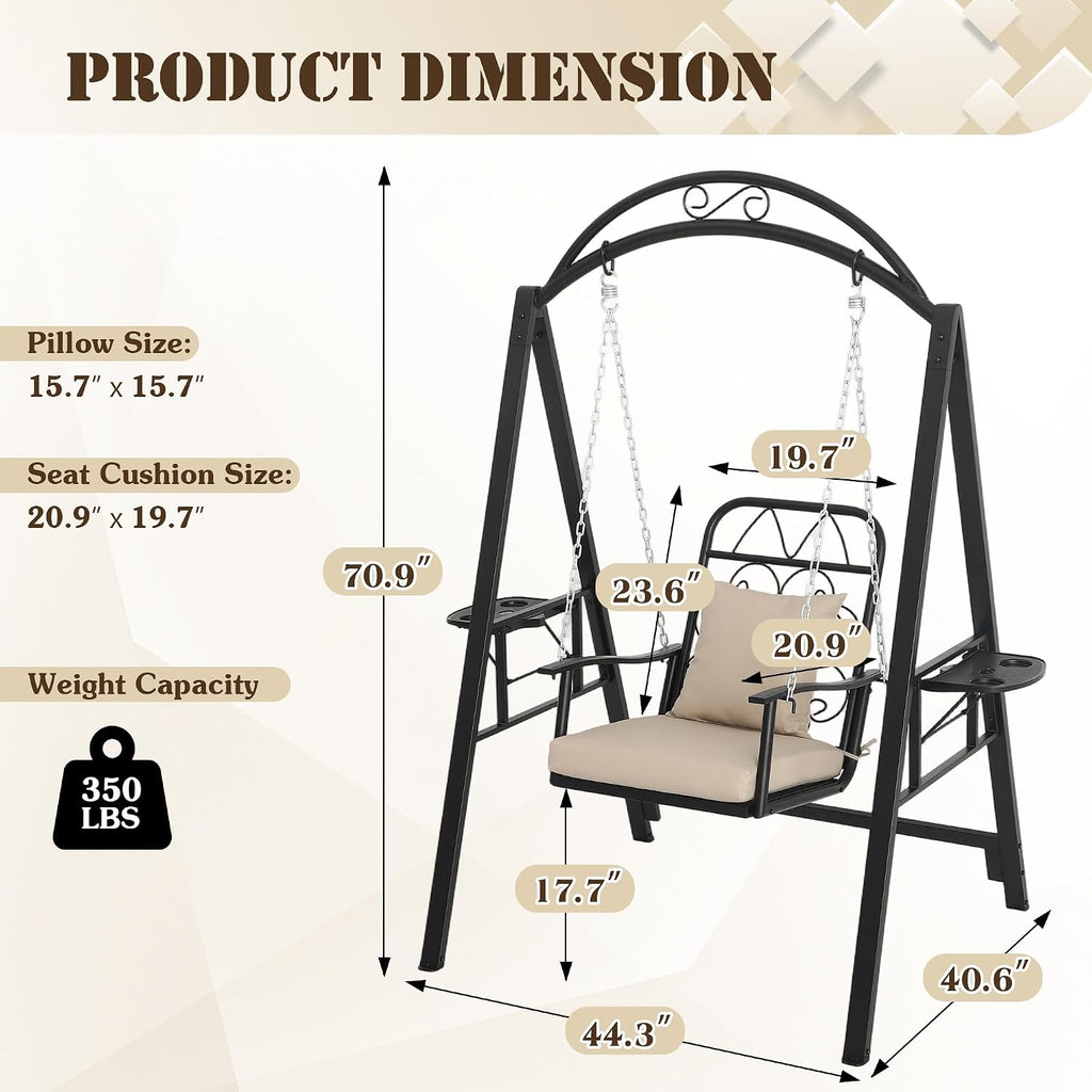 Outdoor Porch Swing with Stand, 350lbs Capacity, Height Adjustment | 1 Seat, Heavy-Duty Metal Frame, Cup Holders