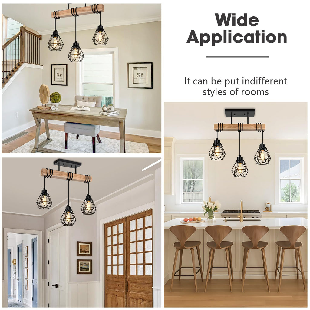 Farmhouse Dining Room Pendant Light Fixtures Over Table, Rustic Solid Wood Kitchen Island Lighting Hanging
