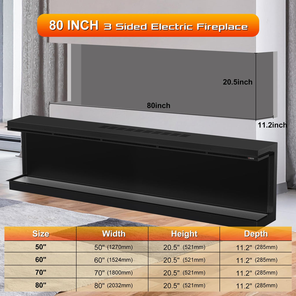 3-Sided Smart 80" 3D Mirrored Electric Fireplace Build in Heater