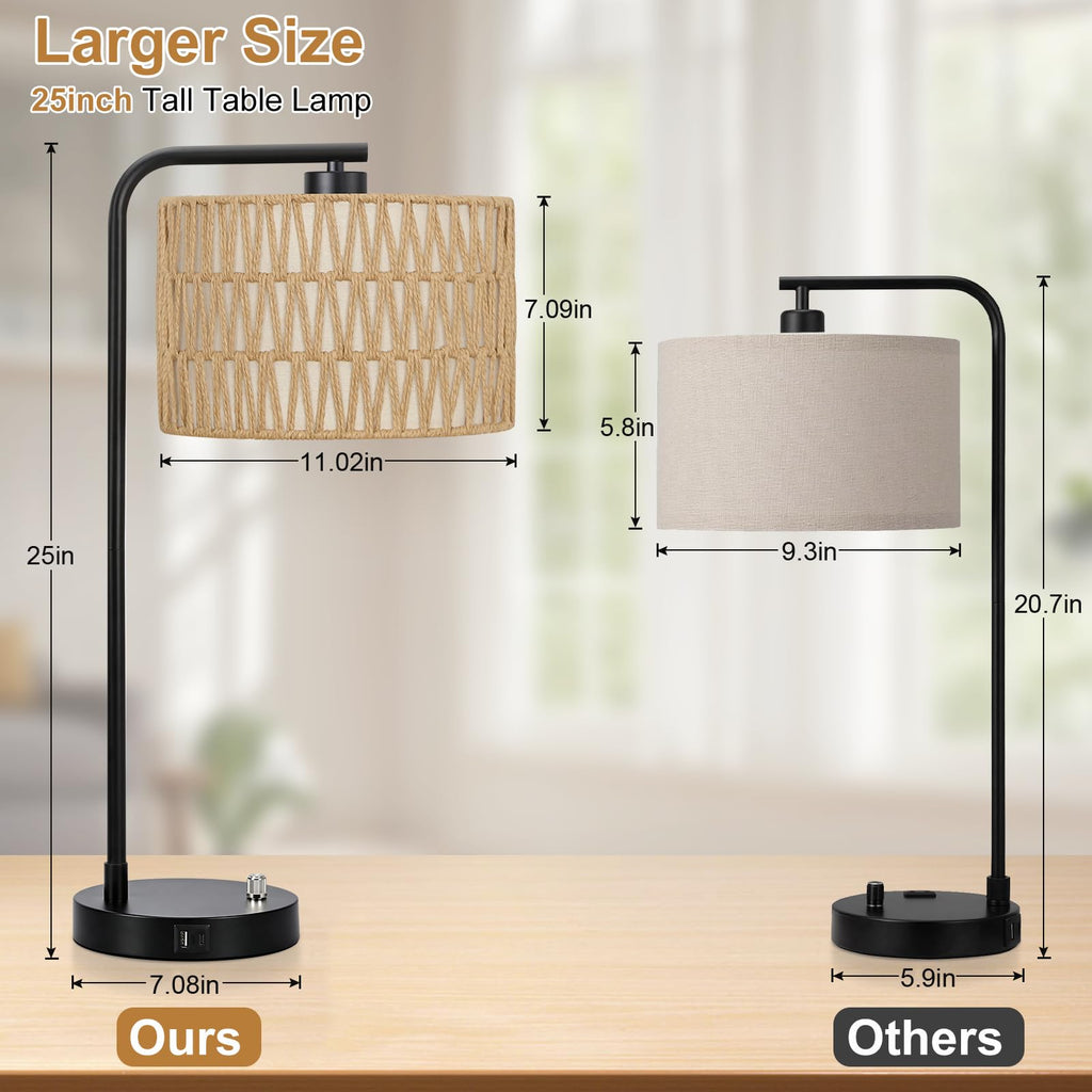 Boho Rattan Table Lamp, Fully Dimmable Tall Bedside Lamp with USB C+A Ports