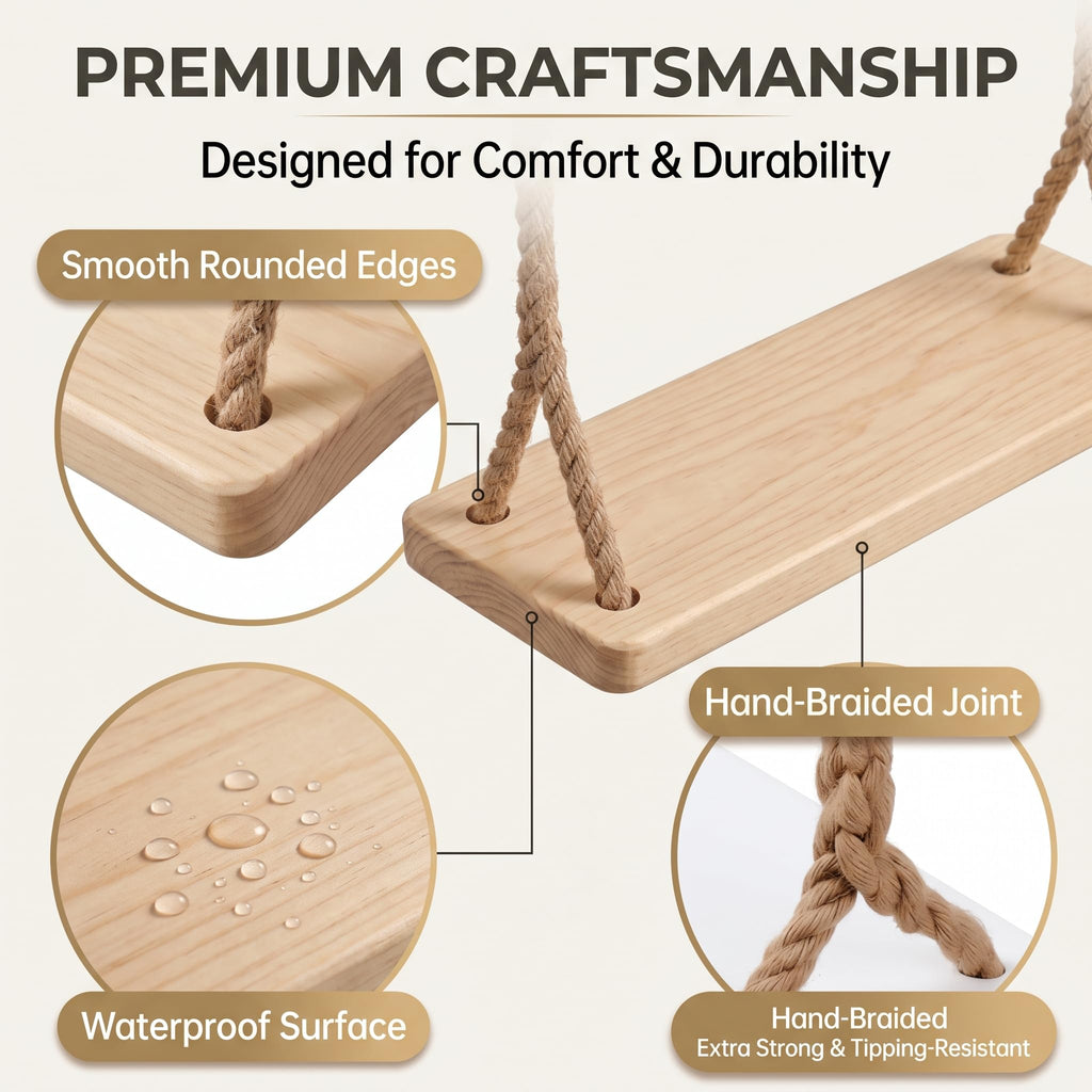Solid Wood Tree Swing - 500 lbs Capacity Heavy Duty Adult-Sized Swing Seat with 118" Adjustable Hemp Rope & Complete