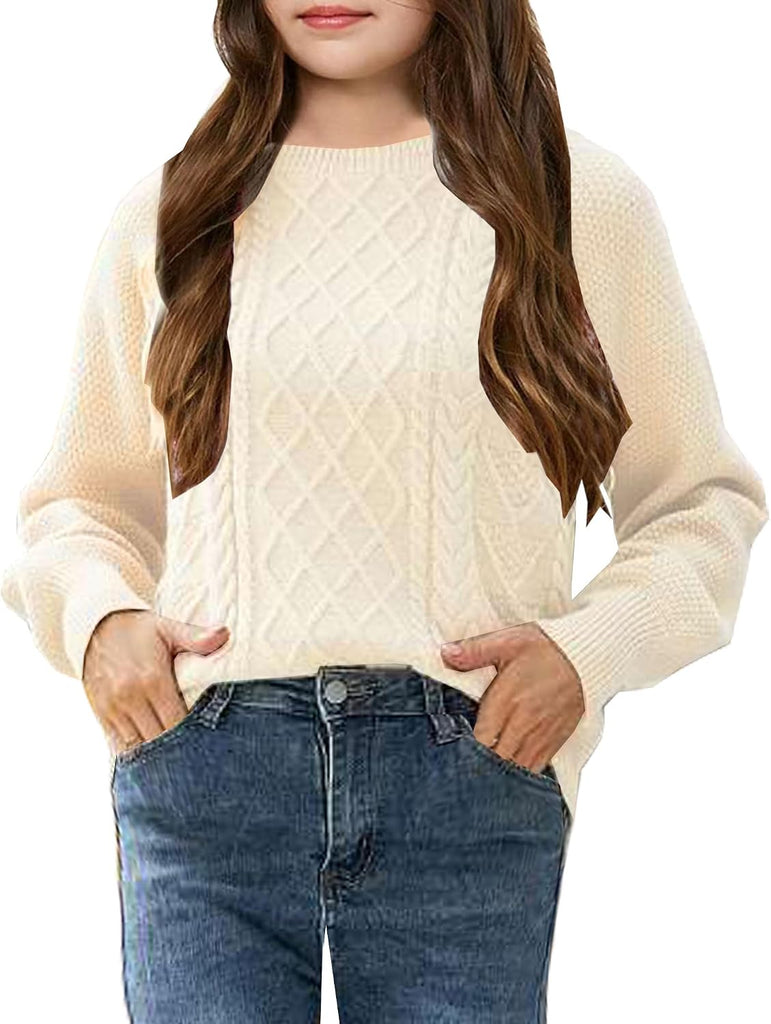 Girl's Sweater Cable Knit Long Sleeves Crew Neck Soft Casual Pullover Sweaters