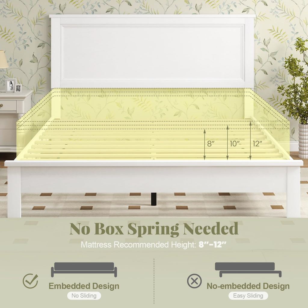 Wood Queen Platform Bed Frame with Headboard, Mid Century Bed Frame with Solid Wood Legs & Wooden Slat Support, No