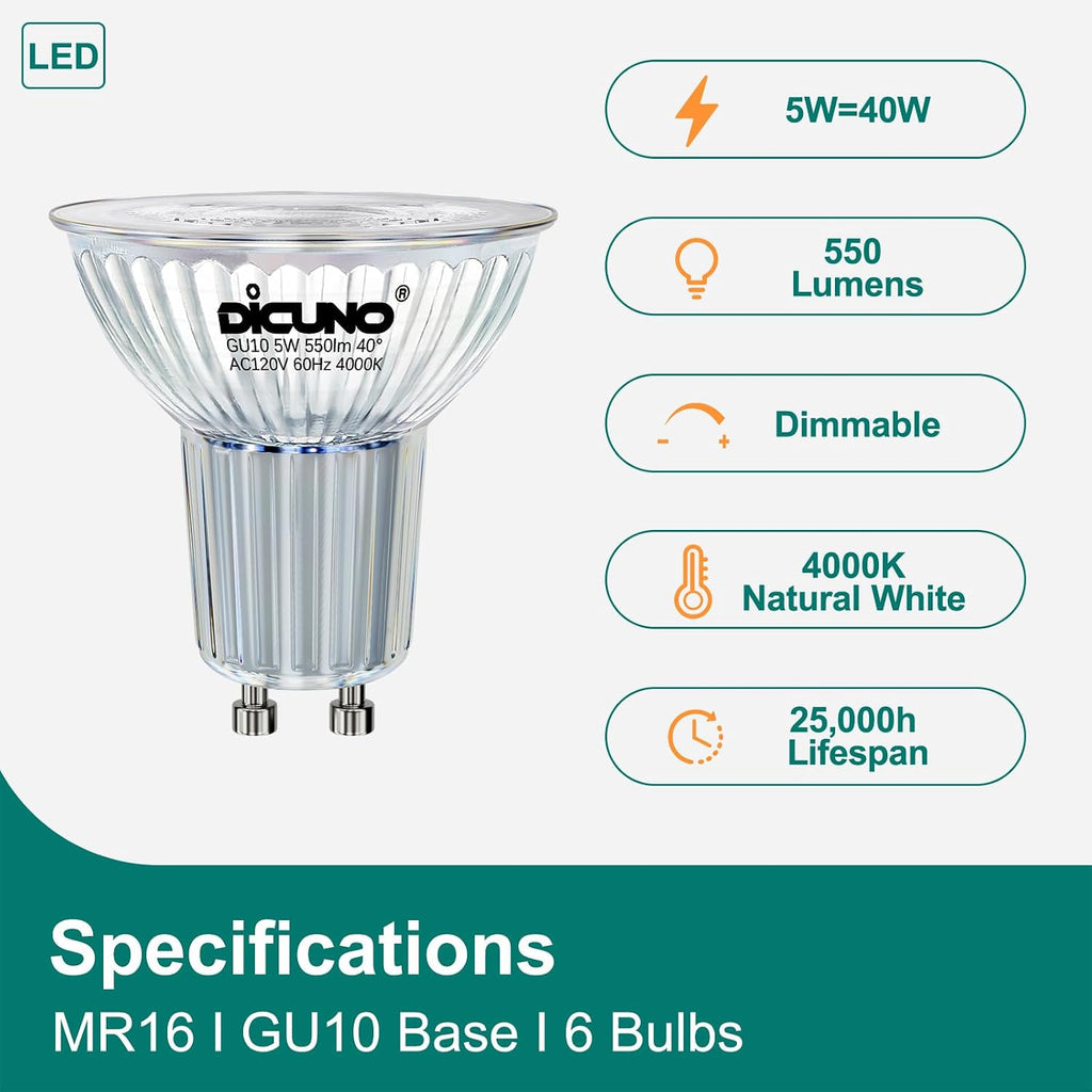 GU10 LED Bulb Dimmable, Natural White 4000, 40 Watt, 550LM