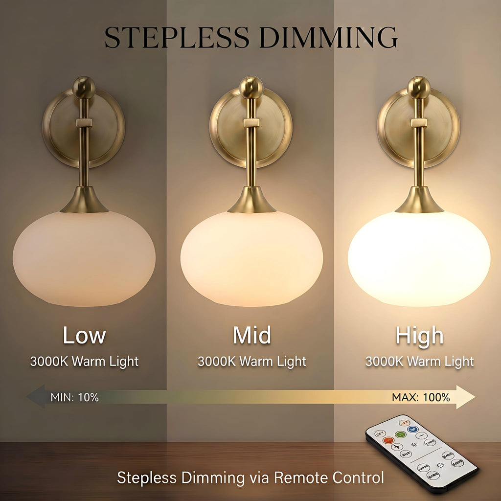 Battery-Operated Modern Brass Wall Sconce Set of 2, Wireless Rechargeable Wall Light with Remote Control, Milk Glass