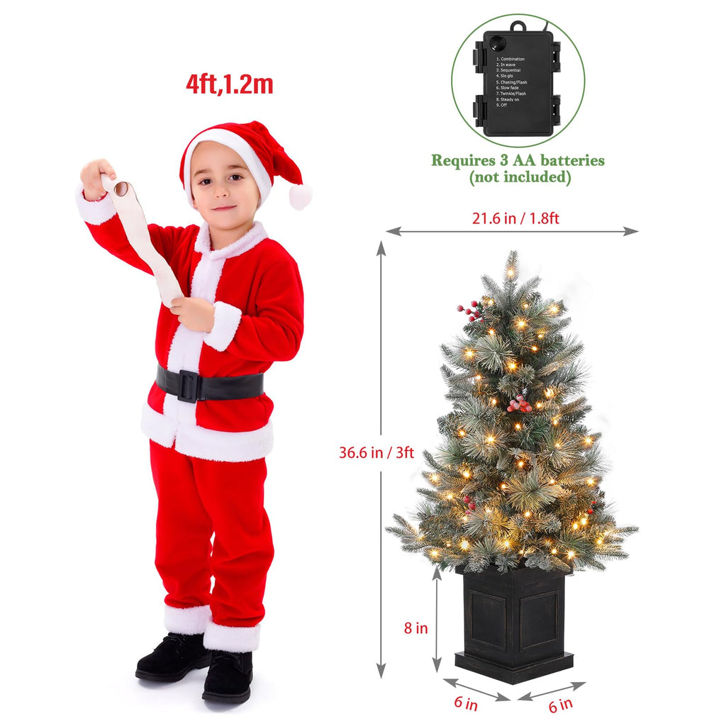 3FT Prelit Snow Flocked Christmas Tree with Prelit Premium 70 LED 8 Mode Battery Powered Mini Small Xmas Tree for