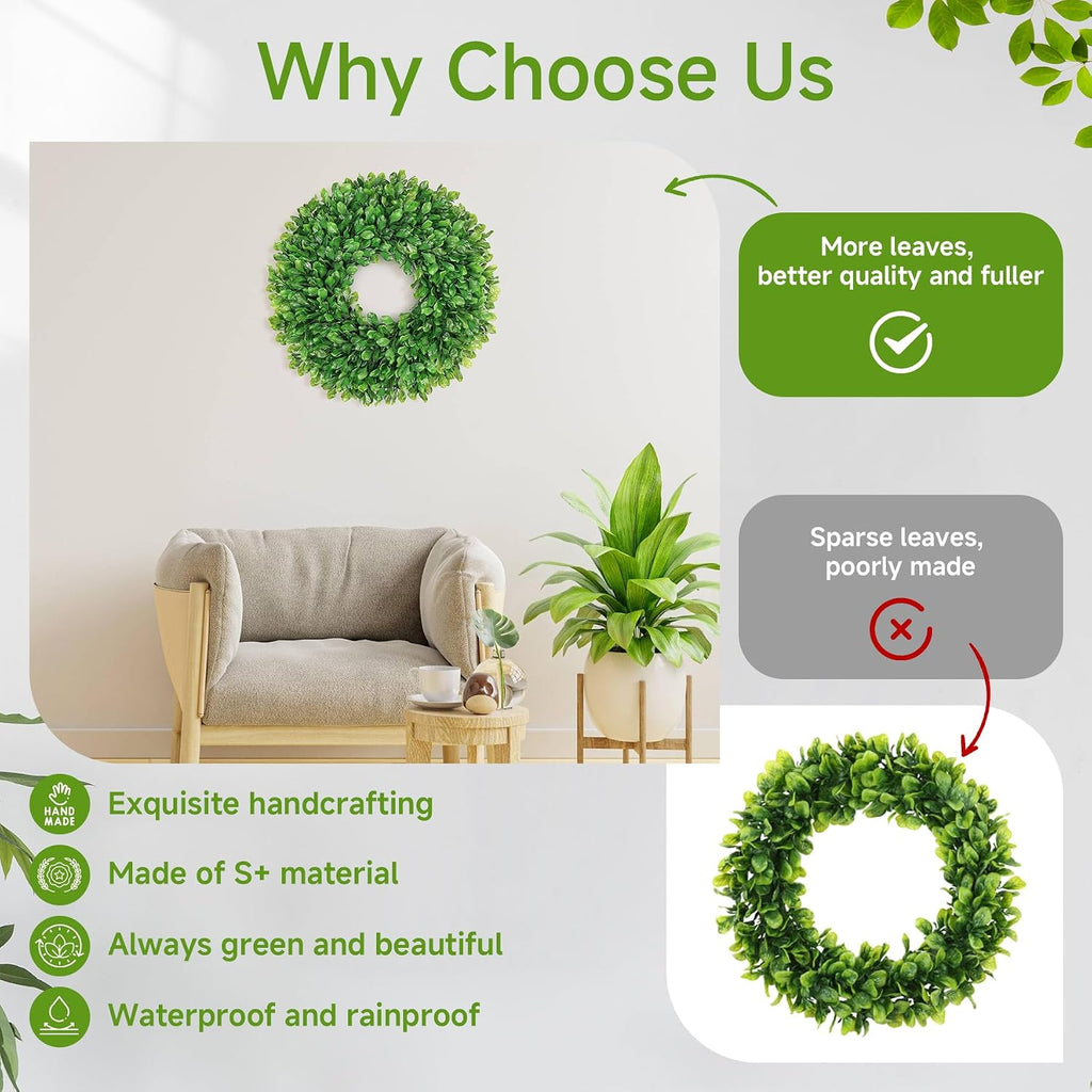 20 Inch Faux Round Boxwood Wreath, Weatherproof Wreaths for Front Door, Artificial Spring Summer Greenery Wreath