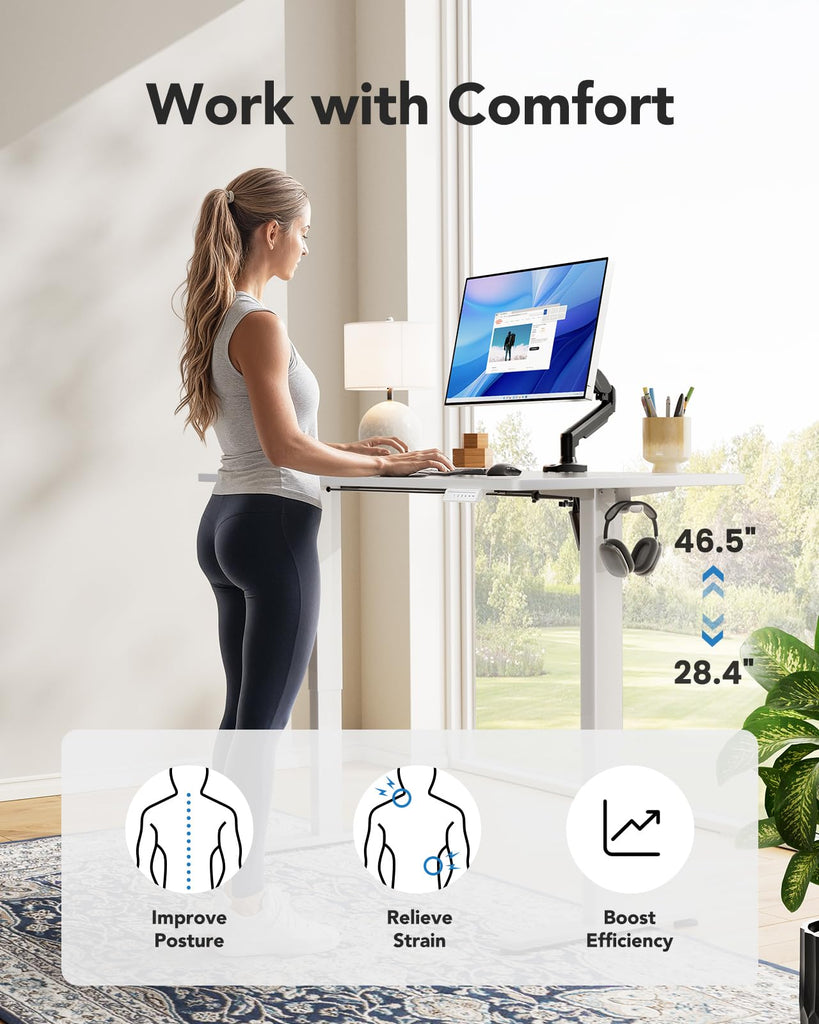 Electric Standing Desk, Whole Piece Desktop, Adjustable Height Computer Desk, 4 Height Memory Settings, Sit Stand Up