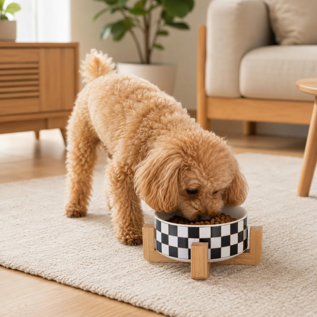 Checkered Ceramic Dog Bowl with Wood Stand, Black and White Dog Food and Water Bowl Set, Elevated Puppy Food Bowls