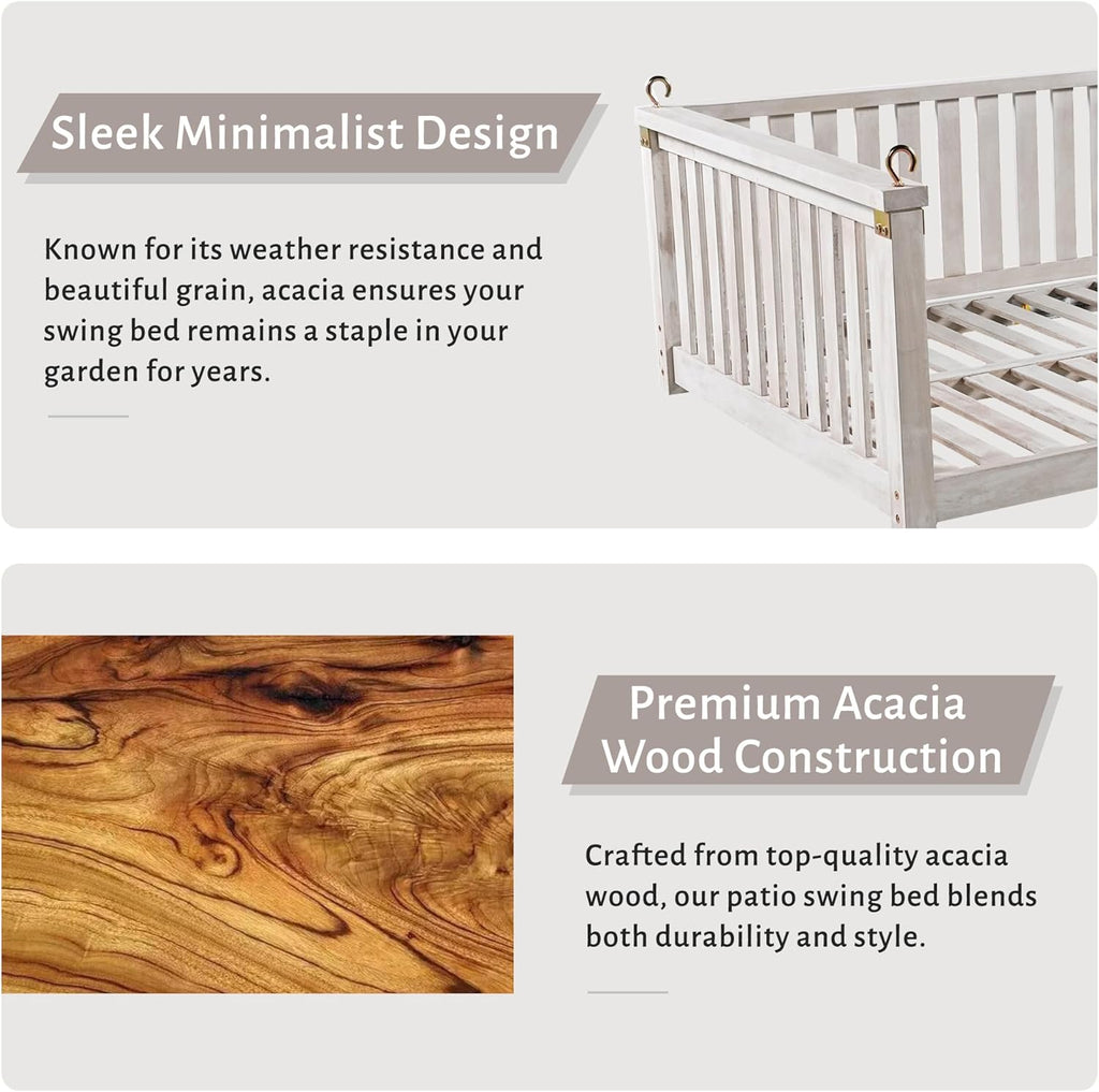 Twin Size Acacia Wood Porch Swing Bed with 4 Heavy Duty Ropes,Hanging Daybed Swing Bench for 2 People, 350 LBS