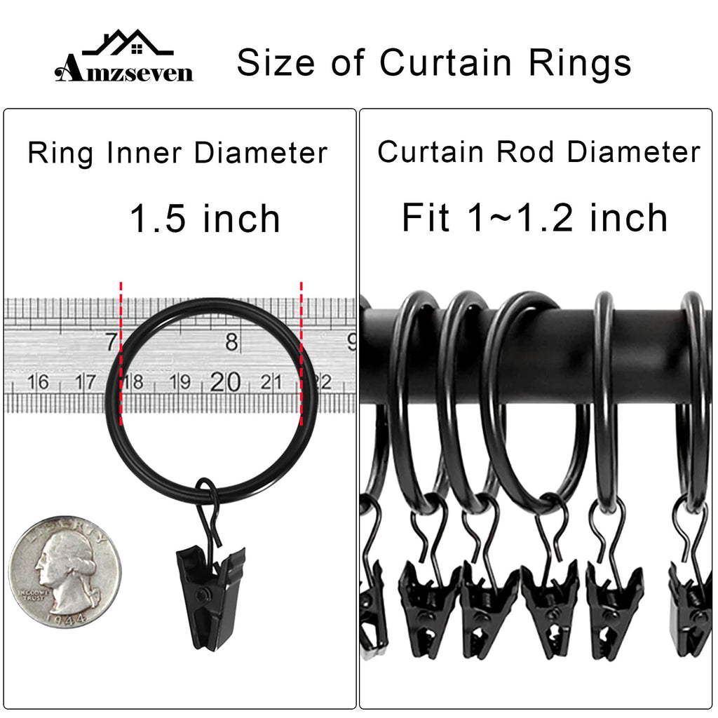 40 Pack Metal Curtain Rings with Clips, 1.5 in ID, Black