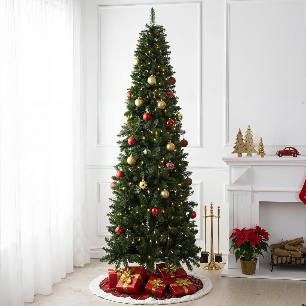 Pre-lit Pencil Christmas Tree, Green Artificial Spruce Slim Christmas Trees with 500 Incandescent Lights, 1100