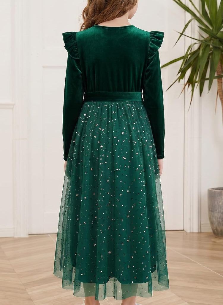 Girls Long Sleeve Velvet Ruffle Mesh Formal Dress