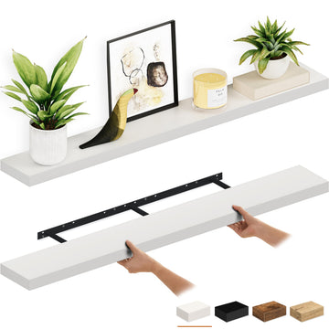 Floating Shelves, 55" Wood Wall Shelf Set of 2, with Invisible Brackets, 6" Deep, White