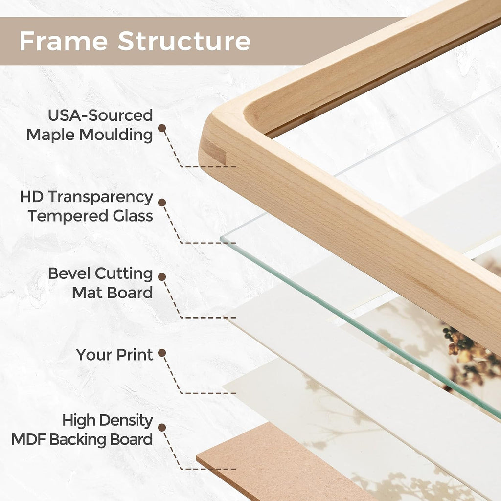 Picture Frame, USA-Sourced Hardwood Photo Frame, Maple, 24 x 36 | Mortise&Tenon Joint, HD Tempered Glass, Bevel