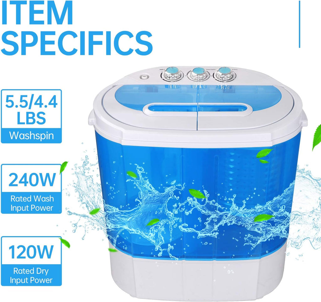 Portable Clothes Washing Machine Mini Twin Tub Small Laundry Washer Aparment Spin Dryer 9.9lbs Capacity Lightweight