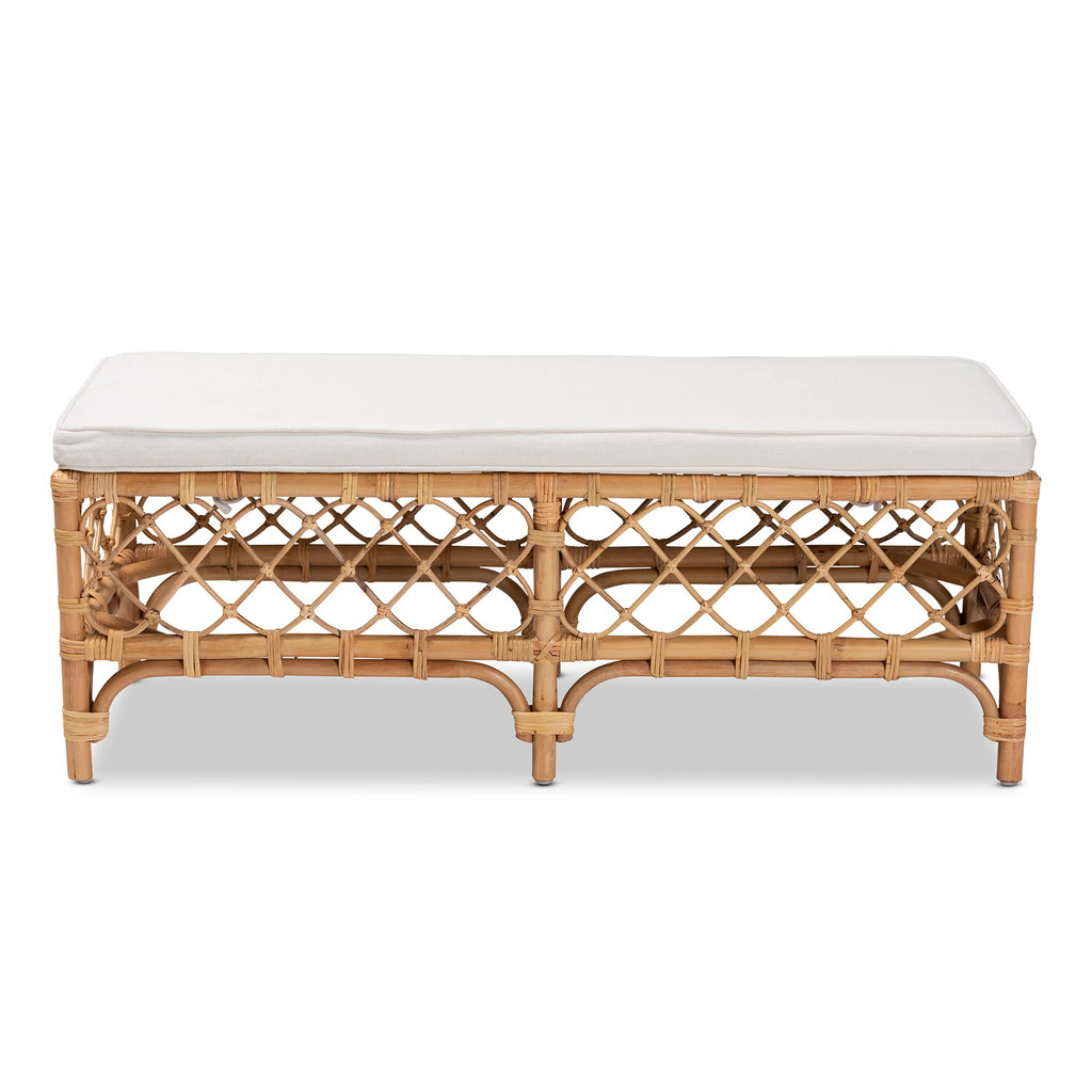 Orchard Natural Rattan Bench with White Cushion - 48" Boho Wicker Ottoman, Handwoven Cane Entryway Seat, or Hallway