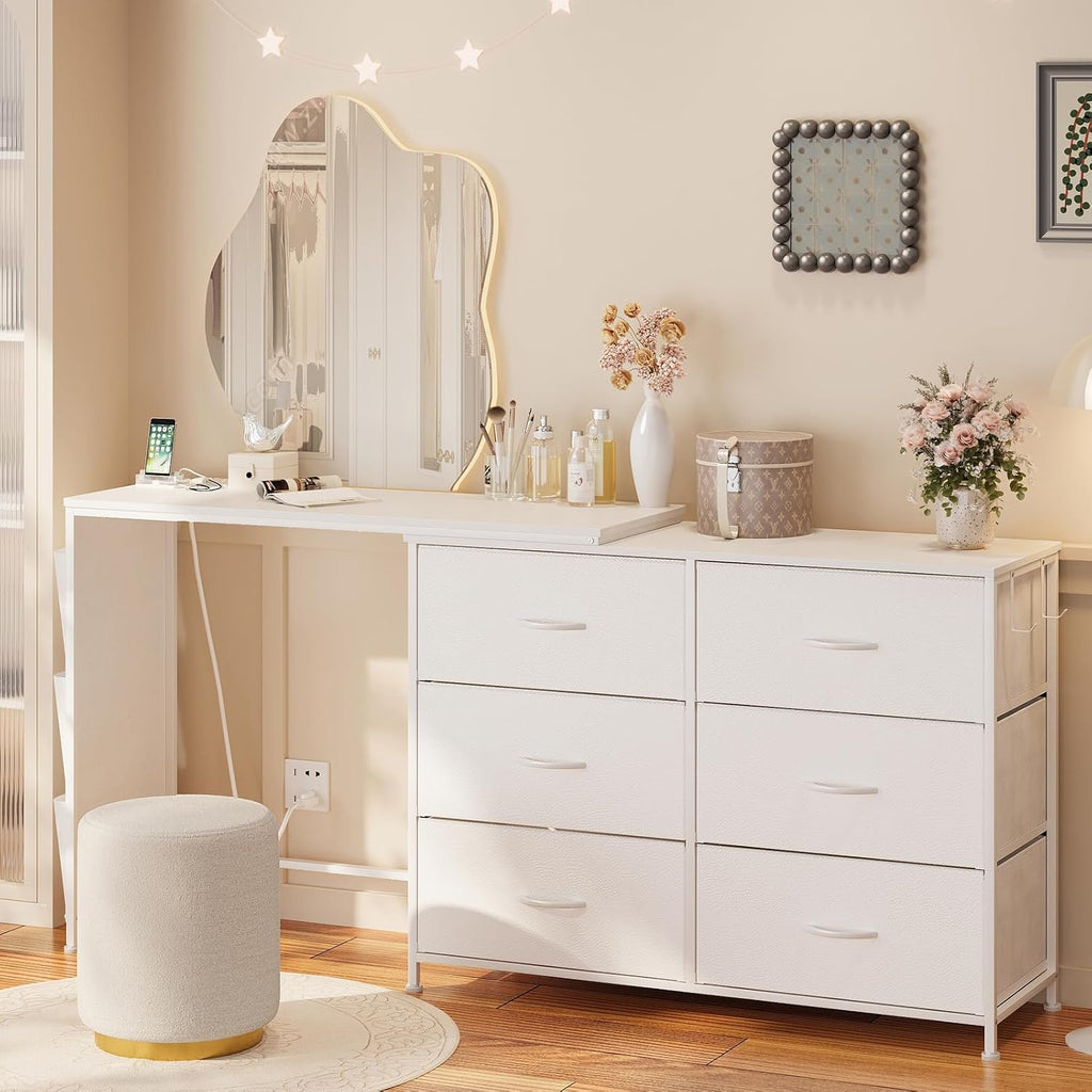 Modern Corner Vanity Desk with 6 Fabric Drawers Power Outlet Side Pocket L Shaped Drawers Makeup Desk Dressing Table