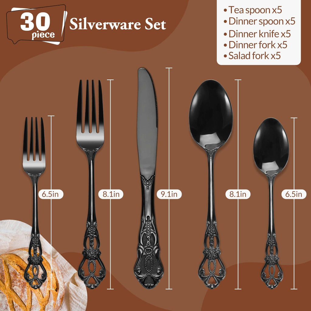 Black Silverware Set, 30 Pieces Retro Royal Silverware Set for 6, Gothic Decor Stainless Steel Flatware Set Including