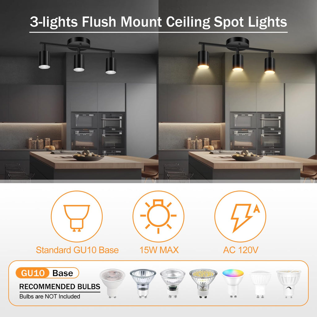 LED Track Lighting Fixtures Ceiling, Black 3-Light Track Lights, 3 Way Ceiling Spotlight, Flexibly Rotatable Wall