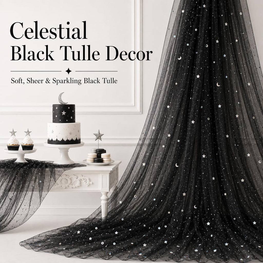 59 Inch x 8 Yard Silver Stars and Moon Tulle Fabric Black
