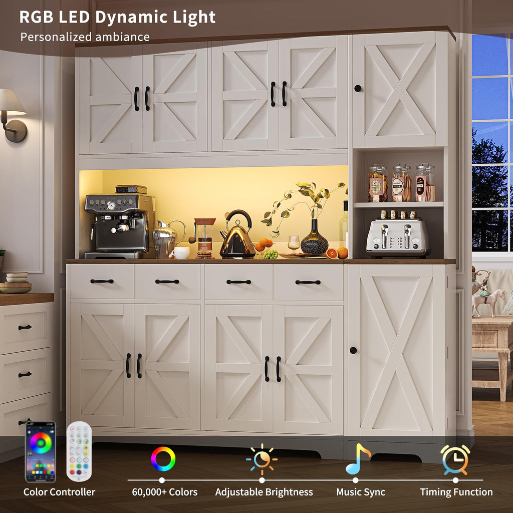 71" Tall Kitchen Pantry with LED Lights & Charging Station, Farmhouse Storage Cabinet with 4 Drawers & 6 Cabinets