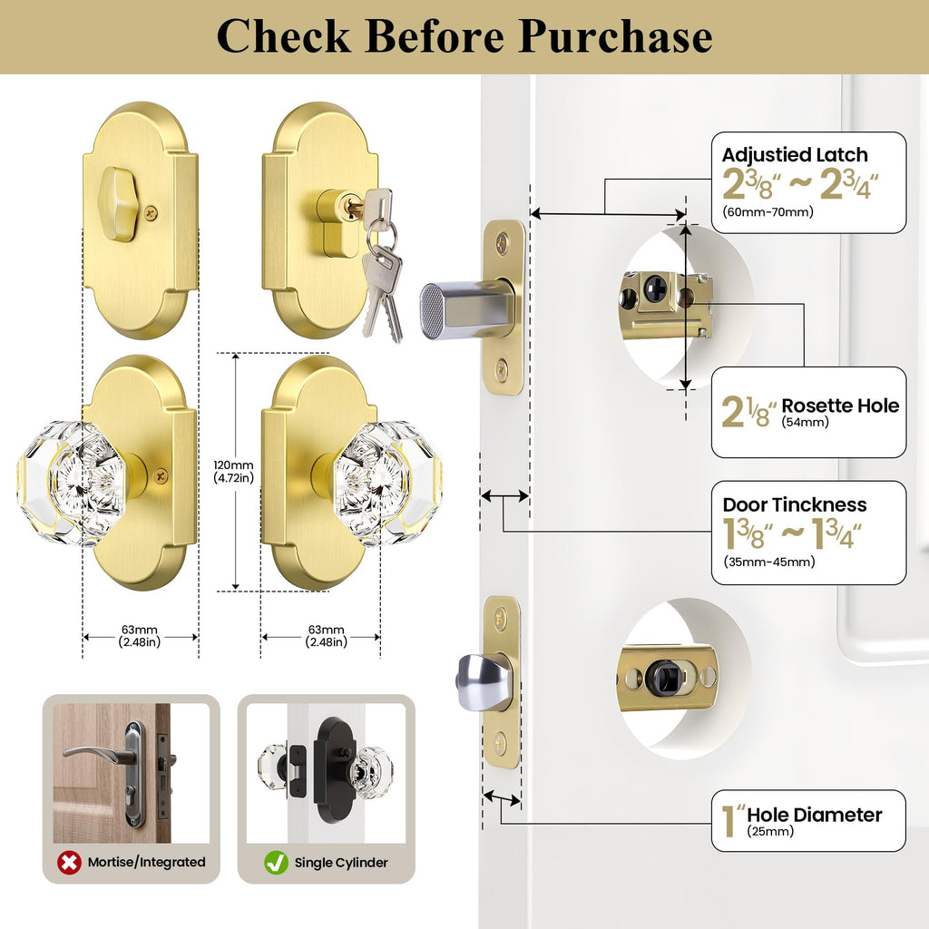 Satin Gold Door Knobs with Deadbolt, Glass Door Knob with Deadbolt Lockset