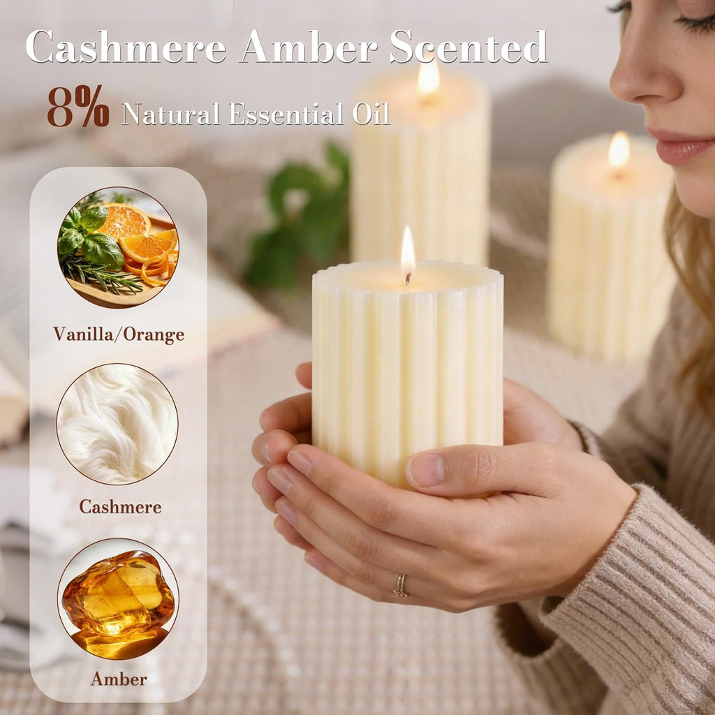 Ribbed Soy Pillar Candles,Cashmere Amber Scented - Set of 3