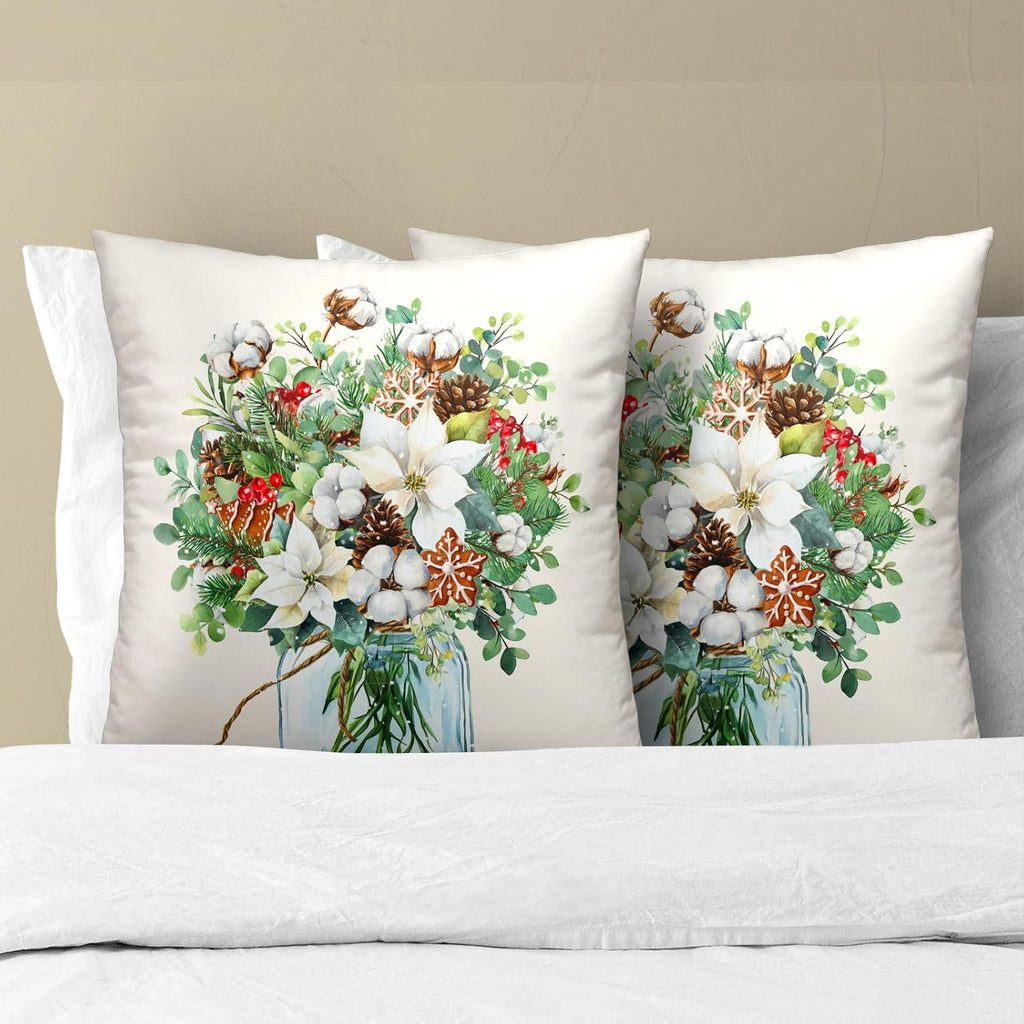 Winter Floral Bouquet Throw Pillow Covers 18x18 Inch 2 Packs Christma Poinsettias Pinecones Pillowcase Holly Berries - Set of 2