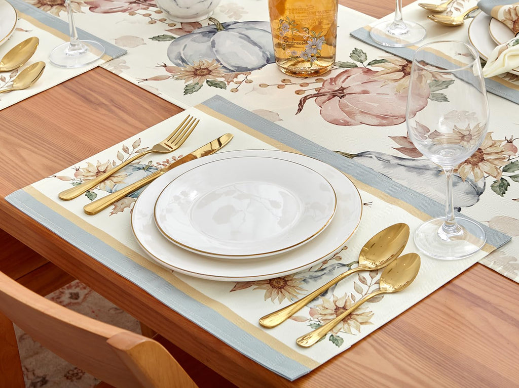 Blue Pumpkin Bordered Thanksgiving Tabletop, Stonewashed Fall Pumpkin and Sunflower Cottage Print Easy Care Fabric
