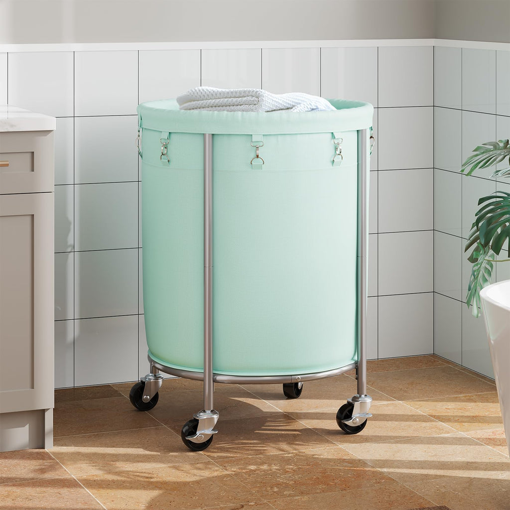 Laundry Basket with Wheels, Round Rolling Laundry Hamper, Mint Green
