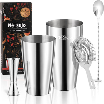 Boston Cocktail Shaker Set, 4-Piece Bar Tools Set, Professional Bar Set with Boston Shaker, Bar Spoon, Jigger - Set of 4