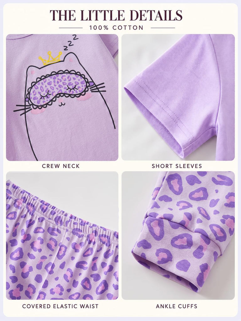Girls Short Sleeve Piece Cotton Rib-Knit Pajamas Set