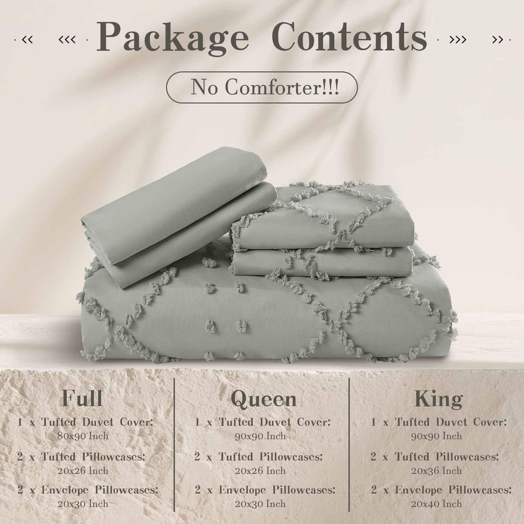 5PCS Light Grey Boho Tufted Duvet Cover King Size, Zipper & Ties