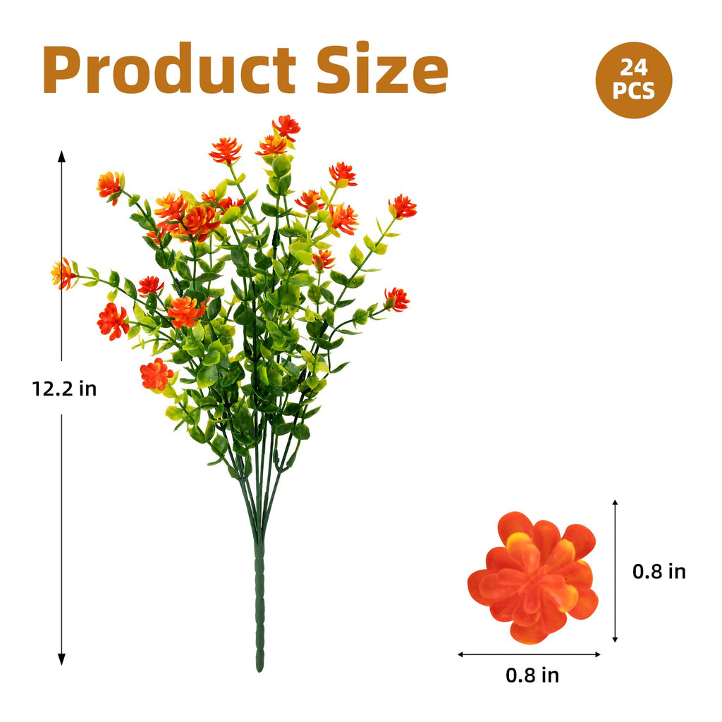 24 Pcs Artificial Mums for Outdoors, Fall Flowers (Orange Red)