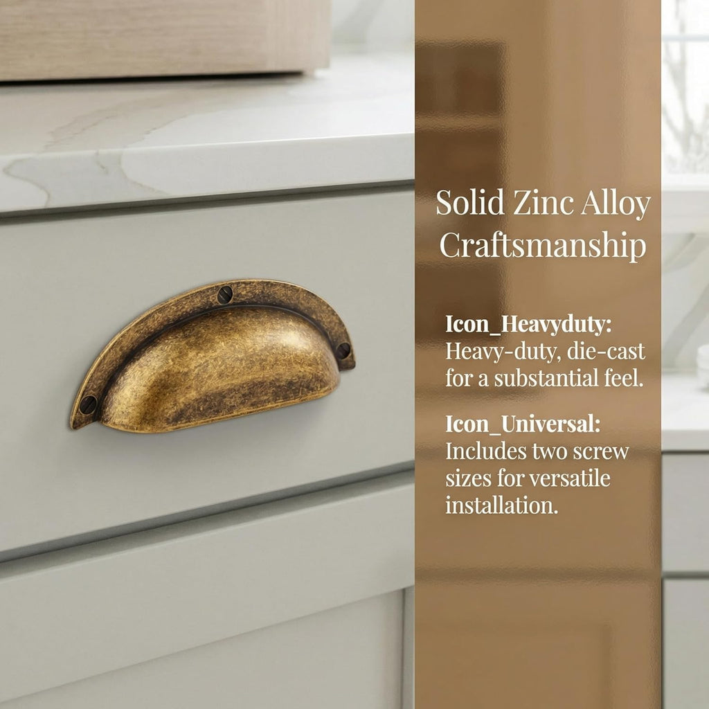 2-1/2 Inch（64mm） Hole Center Antique Brass Heavy Duty Solid Cabinet Cup Pulls, Vintage Brass Kitchen Drawer Handles Cup
