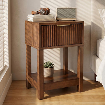 Solid Wood Nightstand with Drawer, Mid-Century Real Wooden Bedside Table with Storage, Modern Fluted End Table Sofa