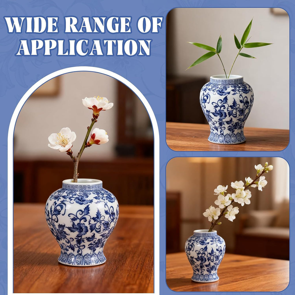 Chinoiserie Ginger Jar with Gilt Edges,7.87 Inch Ceramic Blue and White Ginger Jar with Lid,Porcelain Ginger Jars